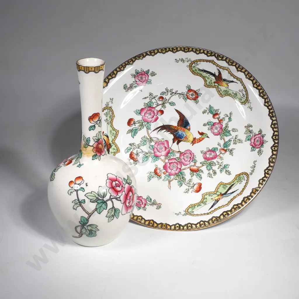 Devon Ware Plate by S Fielding & Co in the Old Bow Pattern & a Whieldon Vase in a Similar Pattern Image 1++