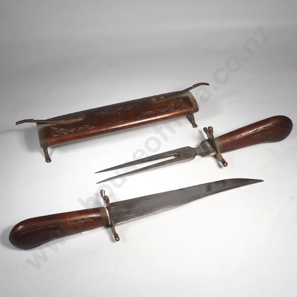 Vintage Indian Double Handled  Knife Carved Wood &  Brass Carving Set On Stand Image 1++