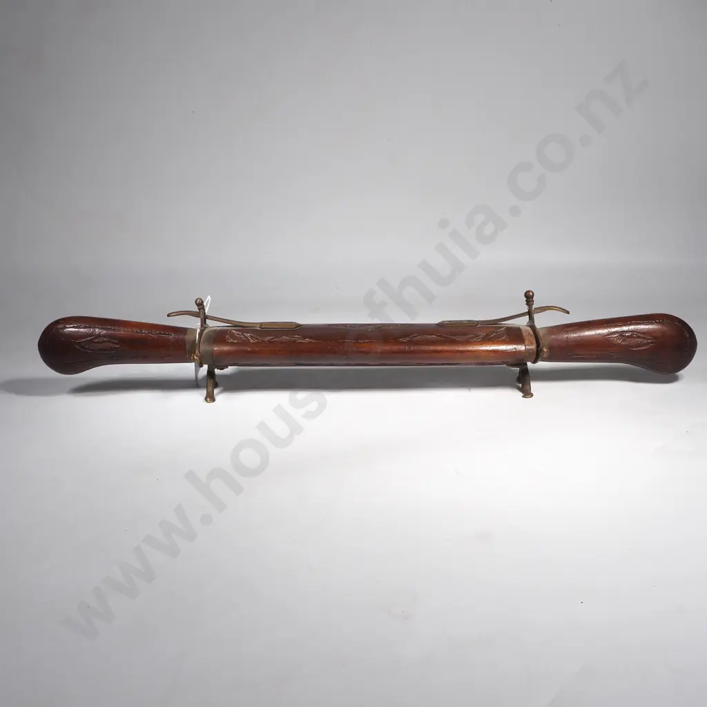 Vintage Indian Double Handled  Knife Carved Wood &  Brass Carving Set On Stand Image 1++
