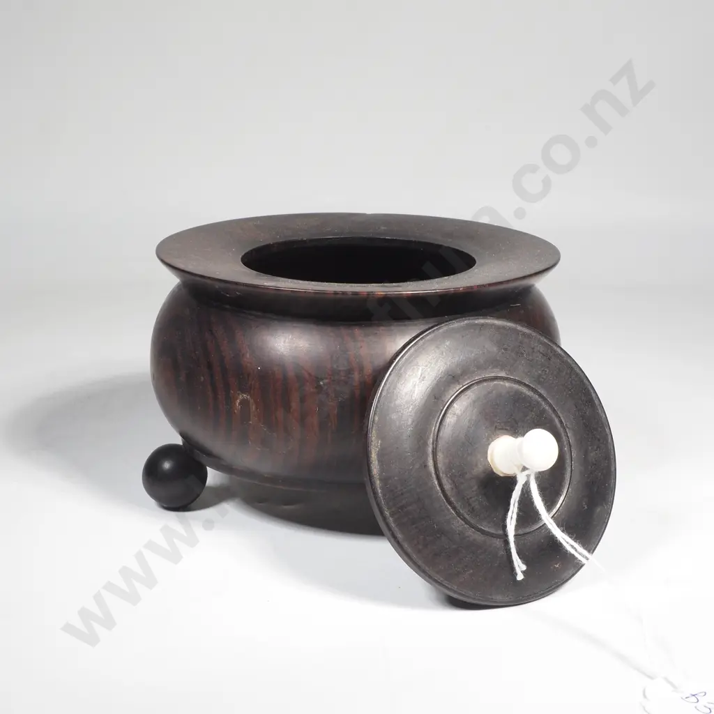 Antique Victorian Turned Ebony Lidded Trinket Dish w Bone Knob Handles on Three Ball Feet Image 1++