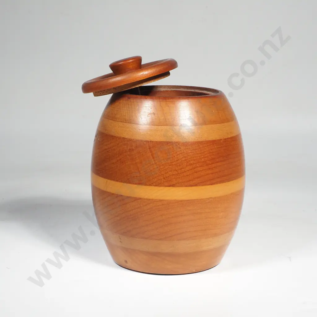 Vintage Barrel Shaped Cross Banded  Wooden Humidor or Storage Jar, the Lid w an Attached Stirrer Image 1++