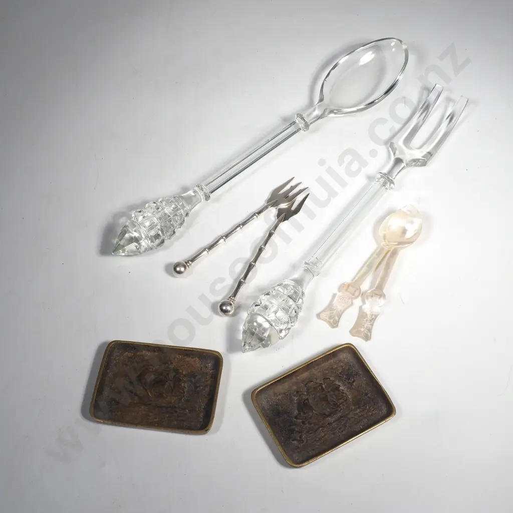 Pair of Glass Salad Servers, Small Brass Trays, Two Small Hors d'Oeuvres  Silver Forks & a MOP Spoon Image 1++