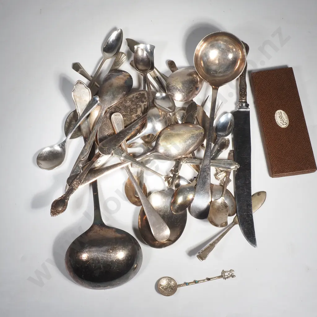 Large Collection of Silver Plate Cutlery to Include Two Soup Ladles, Bread Fork, Bread Knife, Pie Server, Teaspoons Etc. Image 1++