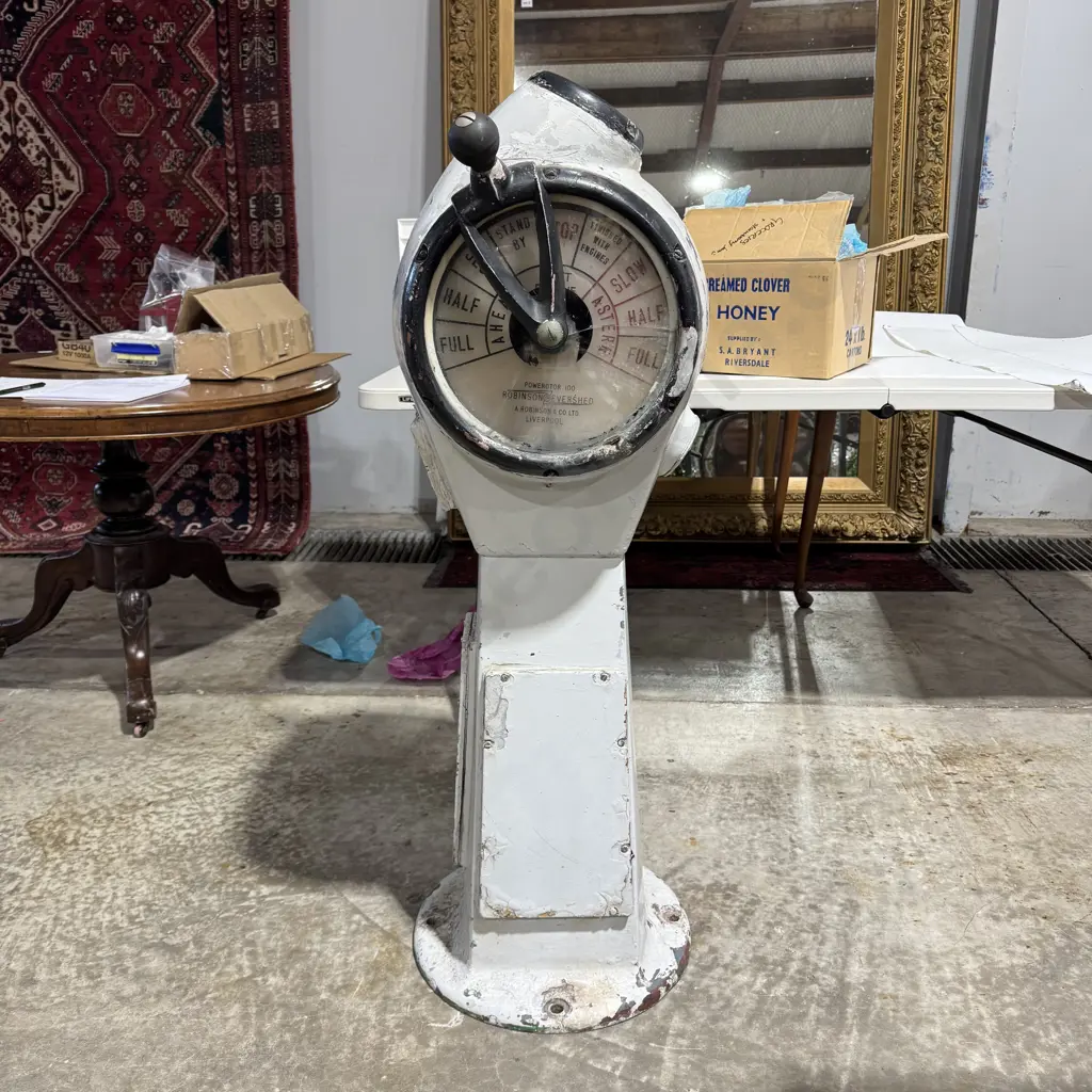 Vintage Robinson & Co Ltd Liverpool Ships Engine Order Telegraph w White Painted Pedestal Body & a Central Control Lever Image 1++