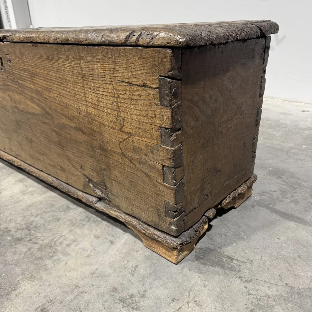 17th Century Elm Primitive Country Storage Chest w Box Joints & Iron Hinges Image 1++