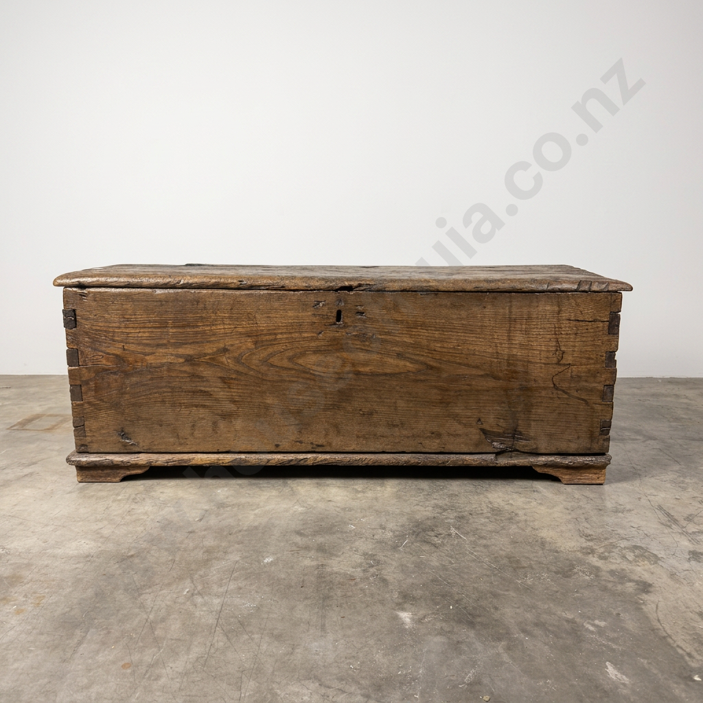 17th Century Elm Primitive Country Storage Chest w Box Joints & Iron Hinges Image 1++