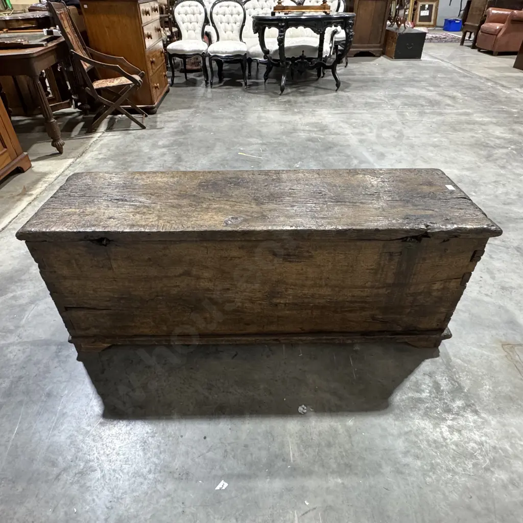 17th Century Elm Primitive Country Storage Chest w Box Joints & Iron Hinges Image 1++