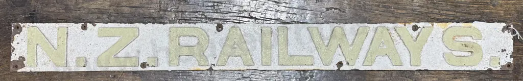 Vintage New Zealand Railways Sign w Pale Green Lettering on a White Ground on a Metal Strip w Mounting Holes Image 1++