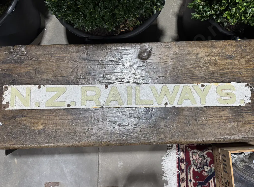 Vintage New Zealand Railways Sign w Pale Green Lettering on a White Ground on a Metal Strip w Mounting Holes Image 1++