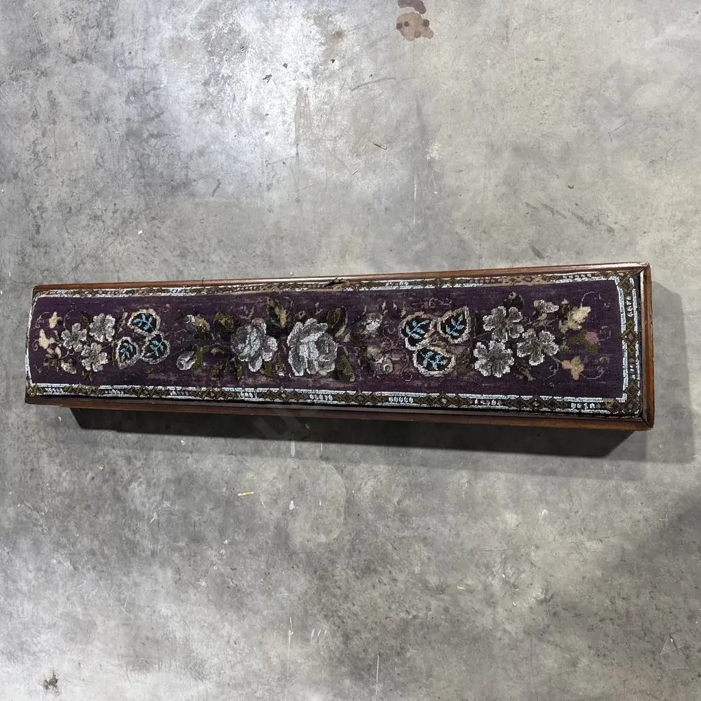 Victorian Mahogany Beadwork Long Footstool / Carriage Footrest, Circa 1880 Image 1++