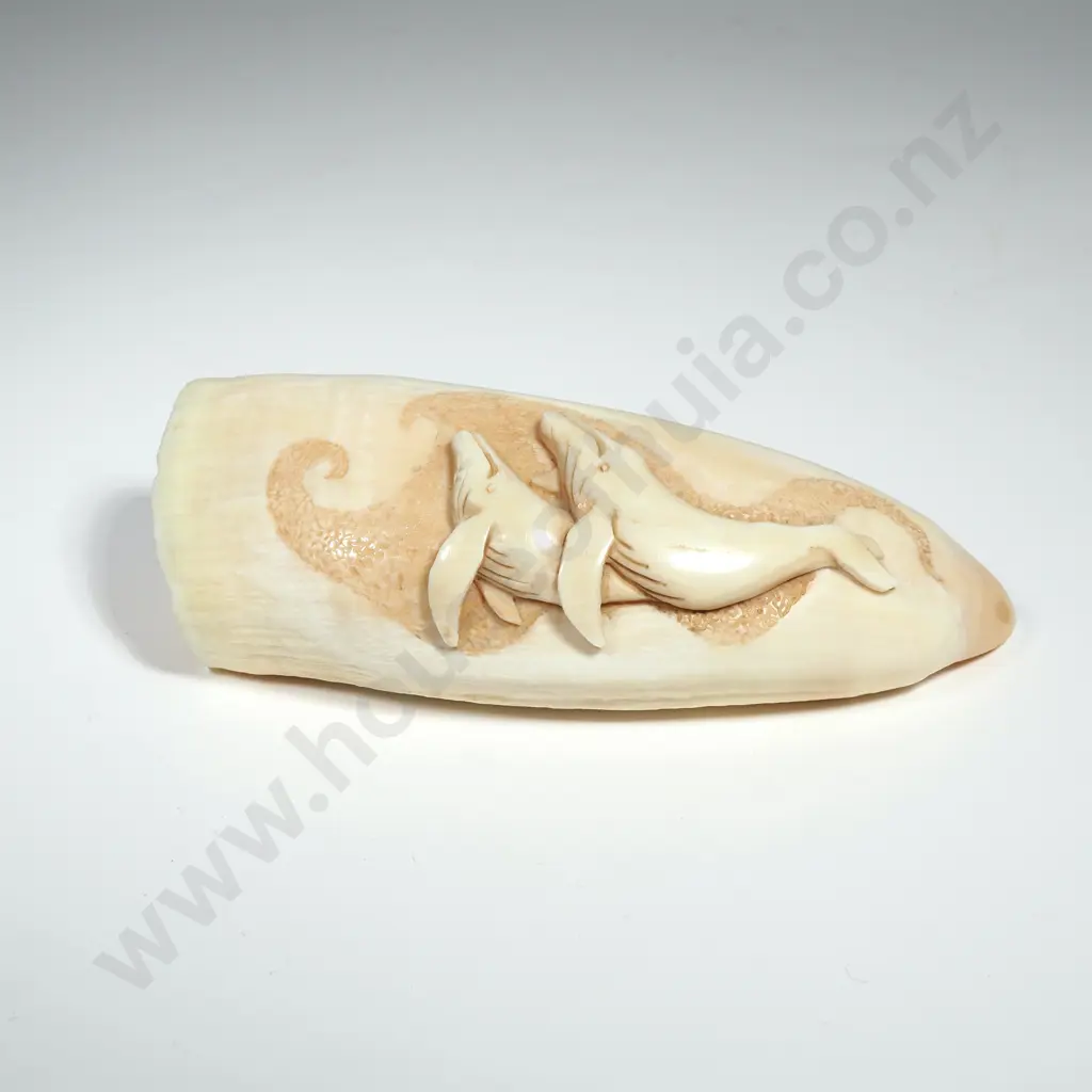 One Medium Scrimshaw Sperm Whale Tooth w Two Whales in Relief Image 1++