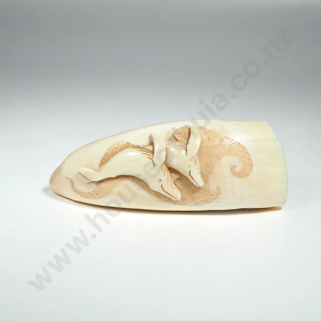 One Medium Scrimshaw Sperm Whale Tooth w Two Whales in Relief Image 1++