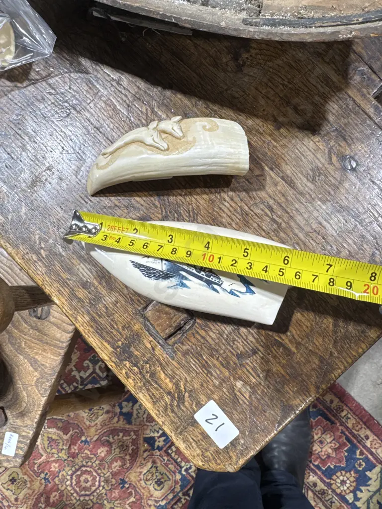 One Large Scrimshaw Sperm Whale Tooth w Modern Blue Coloured Whaler Engraving Image 1++