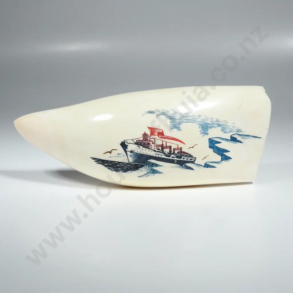 One Large Scrimshaw Sperm Whale Tooth w Modern Blue Coloured Whaler Engraving Image 1++