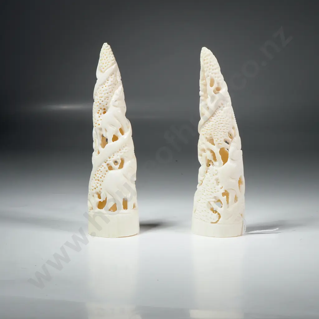 Pair of Bone Hand Carved Tusk Shaped Ornaments Decorated w Elephants Image 1++