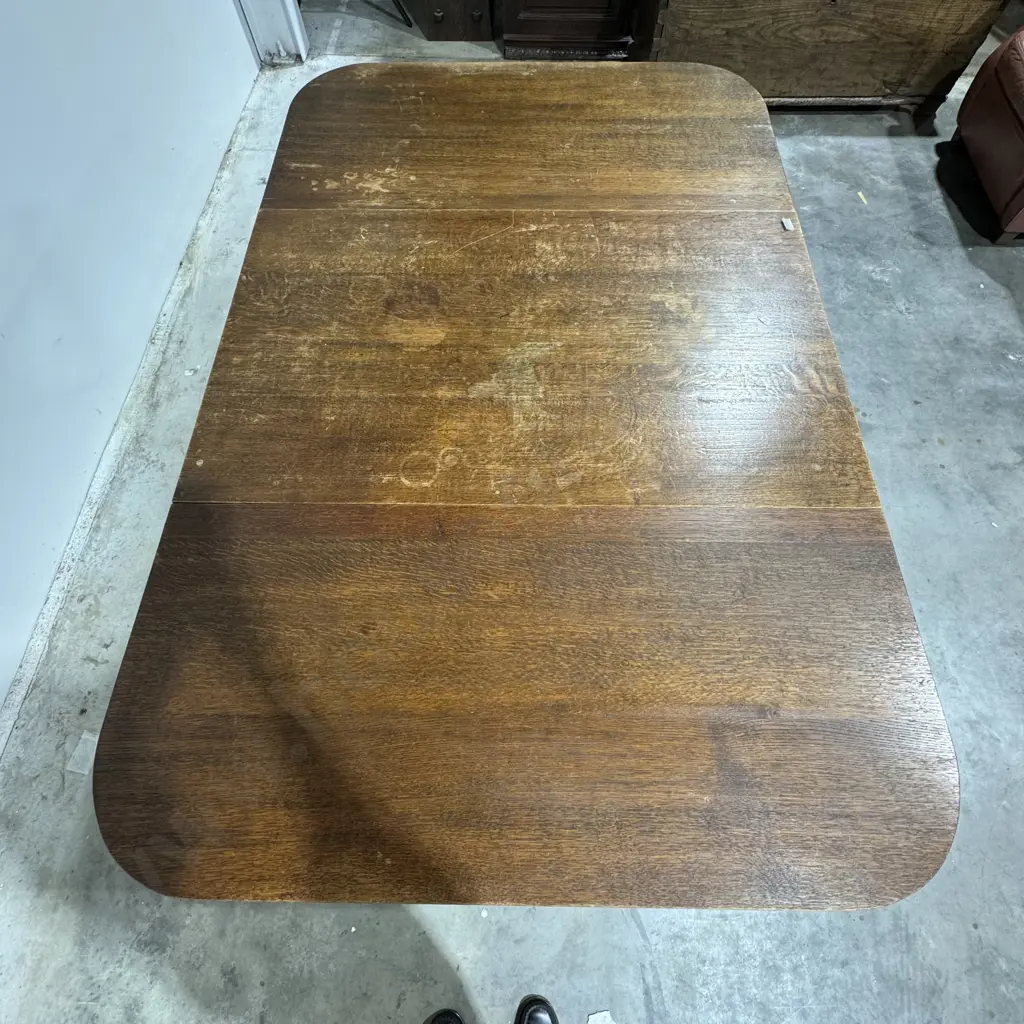 Vintage Oak Drop Leaf Dining Table w Turned Supports & Stretcher Base Image 1++