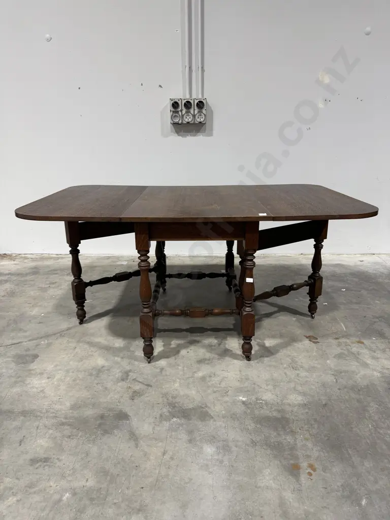 Vintage Oak Drop Leaf Dining Table w Turned Supports & Stretcher Base Image 1++