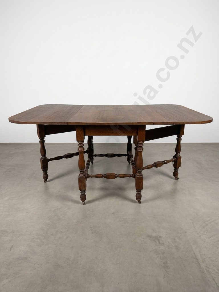 Vintage Oak Drop Leaf Dining Table w Turned Supports & Stretcher Base Image 1++