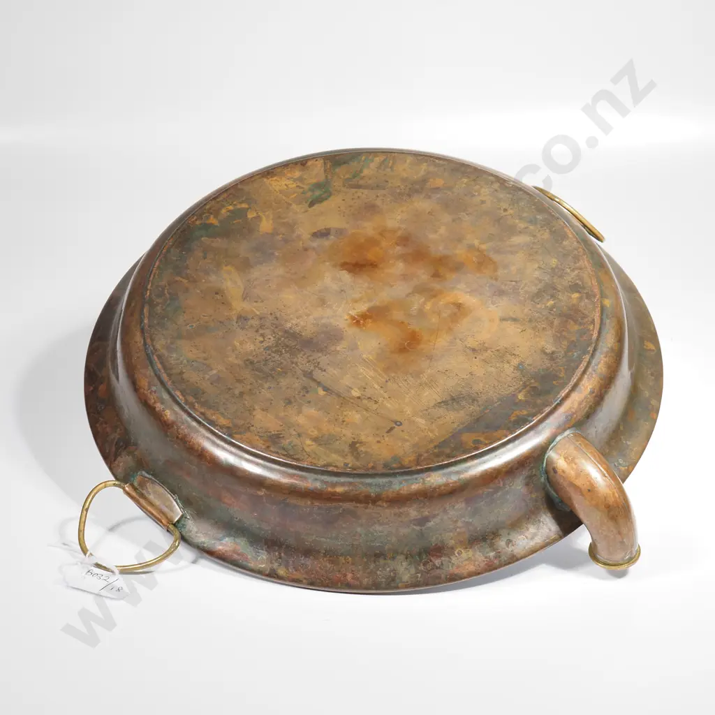 Antique Blue & White Willow Pattern Warming or Invalid Plate w Copper Base & Tap Image 1++