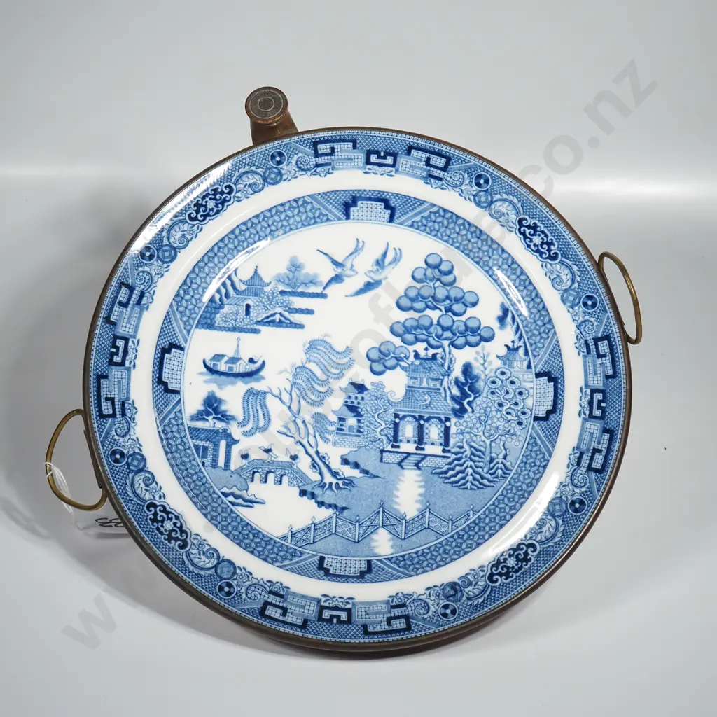 Antique Blue & White Willow Pattern Warming or Invalid Plate w Copper Base & Tap Image 1++