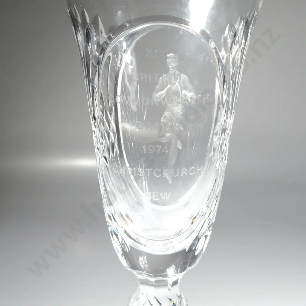 Webb Corbett Crystal Goblet w Air Twist Stem Commemorating the 1974 Commonwealth Games In NZ & Designed by David Smith Image 1++