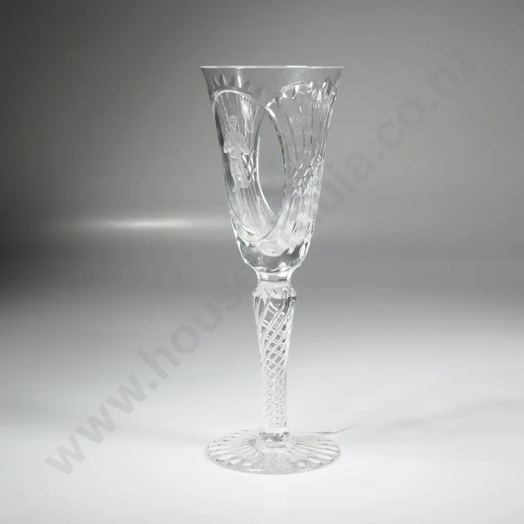 Webb Corbett Crystal Goblet w Air Twist Stem Commemorating the 1974 Commonwealth Games In NZ & Designed by David Smith Image 1++