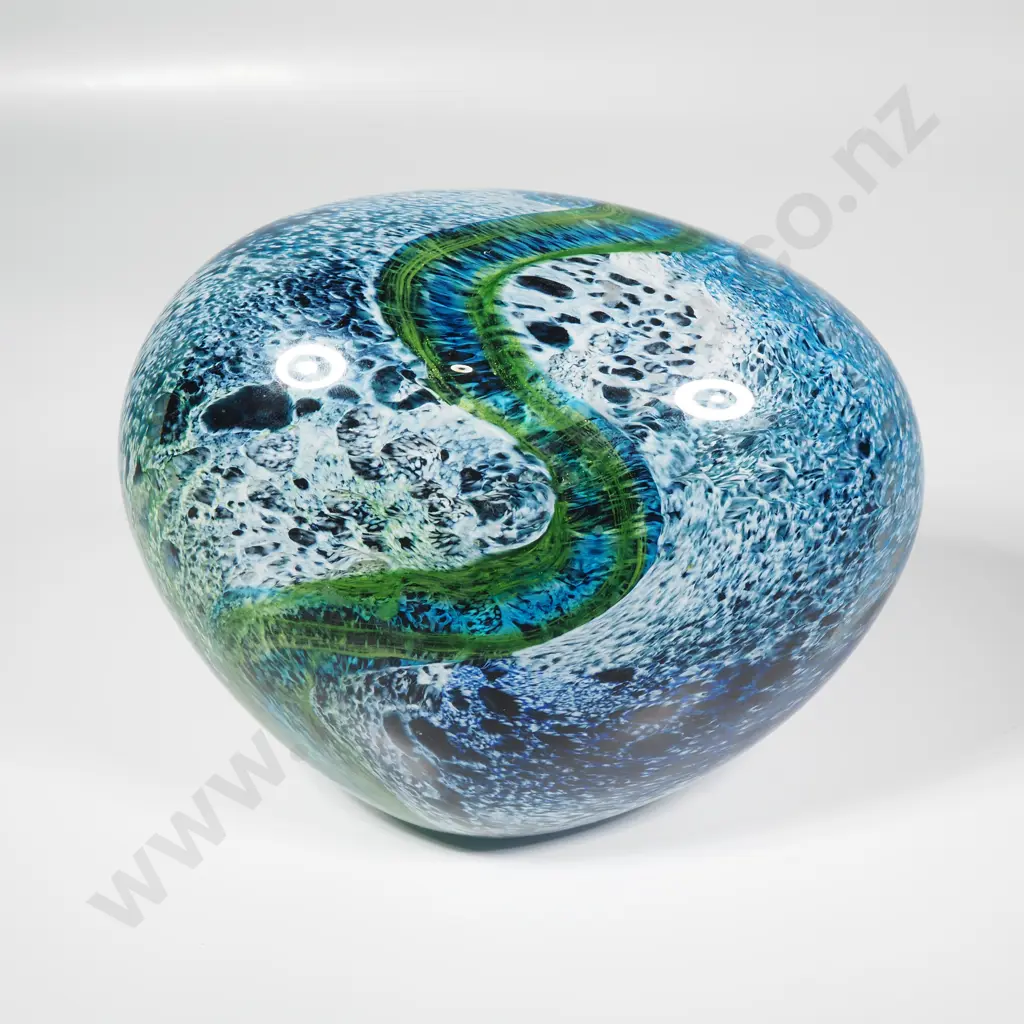Lindsay Patterson Hand Blown Glass Paperweight, w Distinct Organic Blue Green & White Swirling Patterns, Signed to Base Image 1++