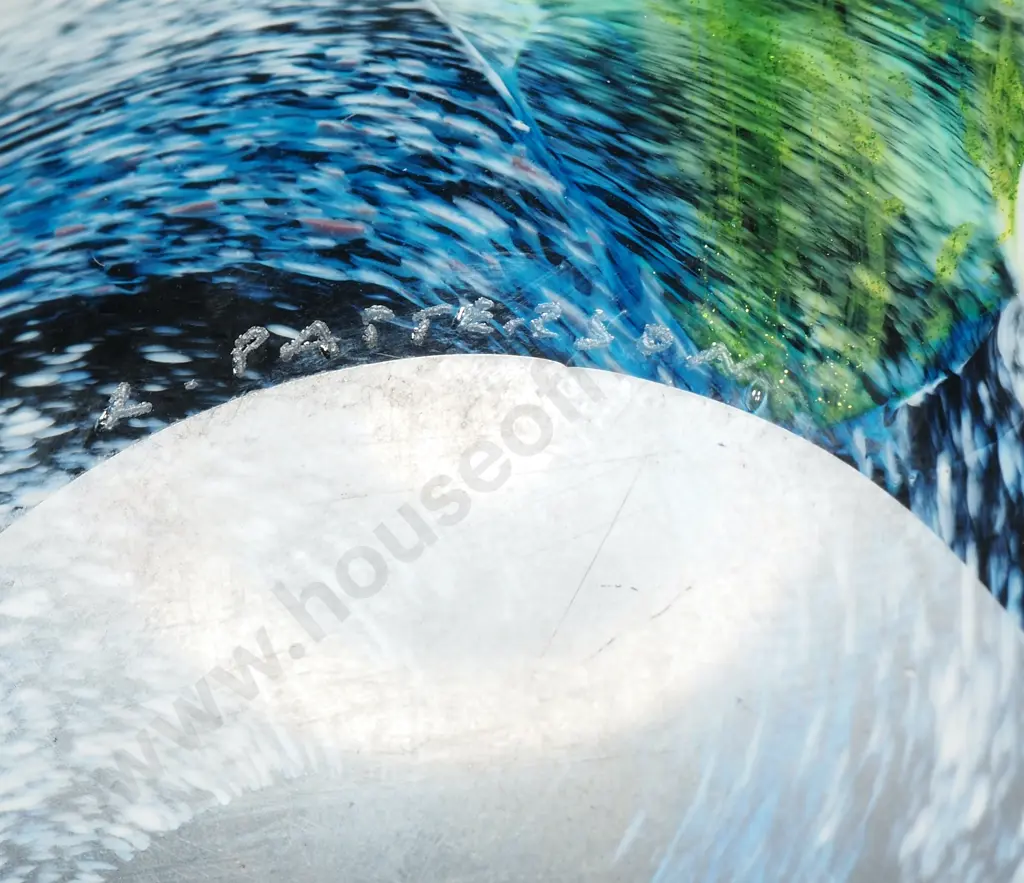 Lindsay Patterson Hand Blown Glass Paperweight, w Distinct Organic Blue Green & White Swirling Patterns, Signed to Base Image 1++