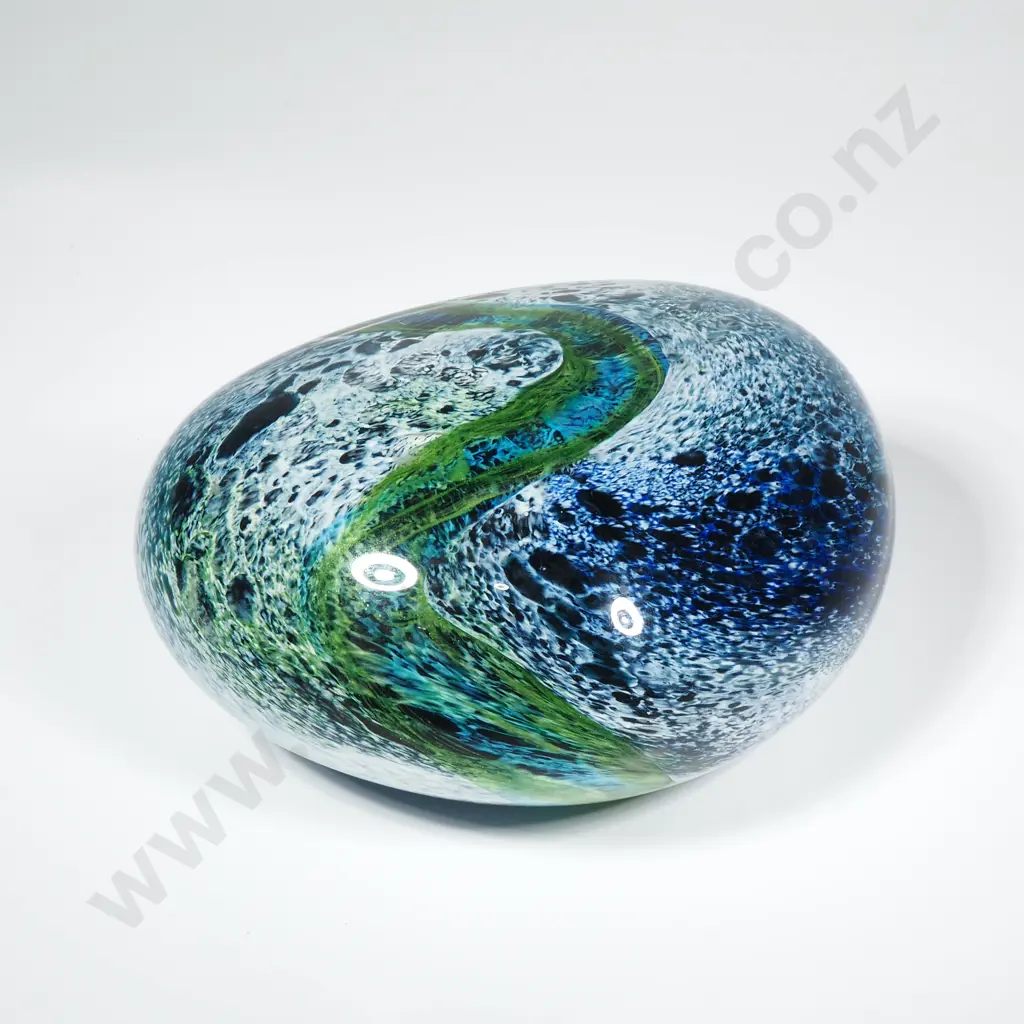 Lindsay Patterson Hand Blown Glass Paperweight, w Distinct Organic Blue Green & White Swirling Patterns, Signed to Base Image 1++
