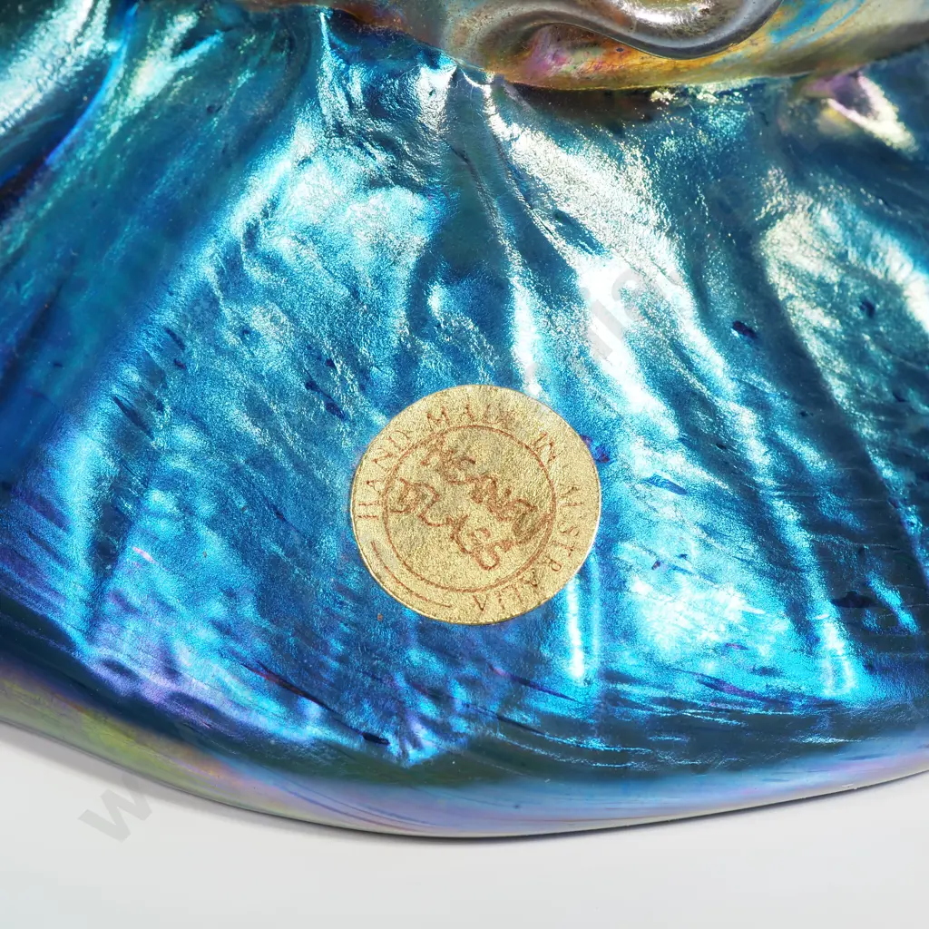 Colin Heaney Blue Iridescent Art Glass Shell Form Comport. Image 1++