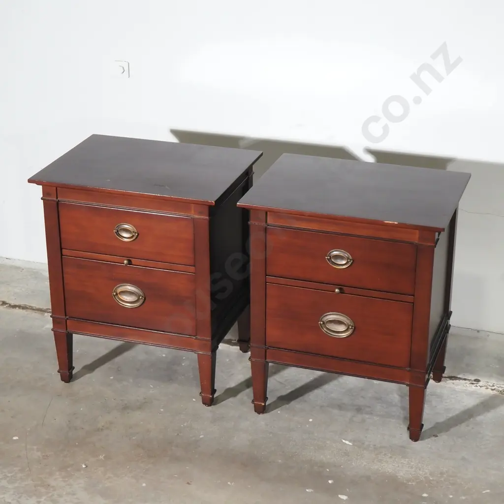 Pair of Rose and Heather Two Drawer Bedside Tables w Square Tapering Legs & Oval Brass Handles Image 1++
