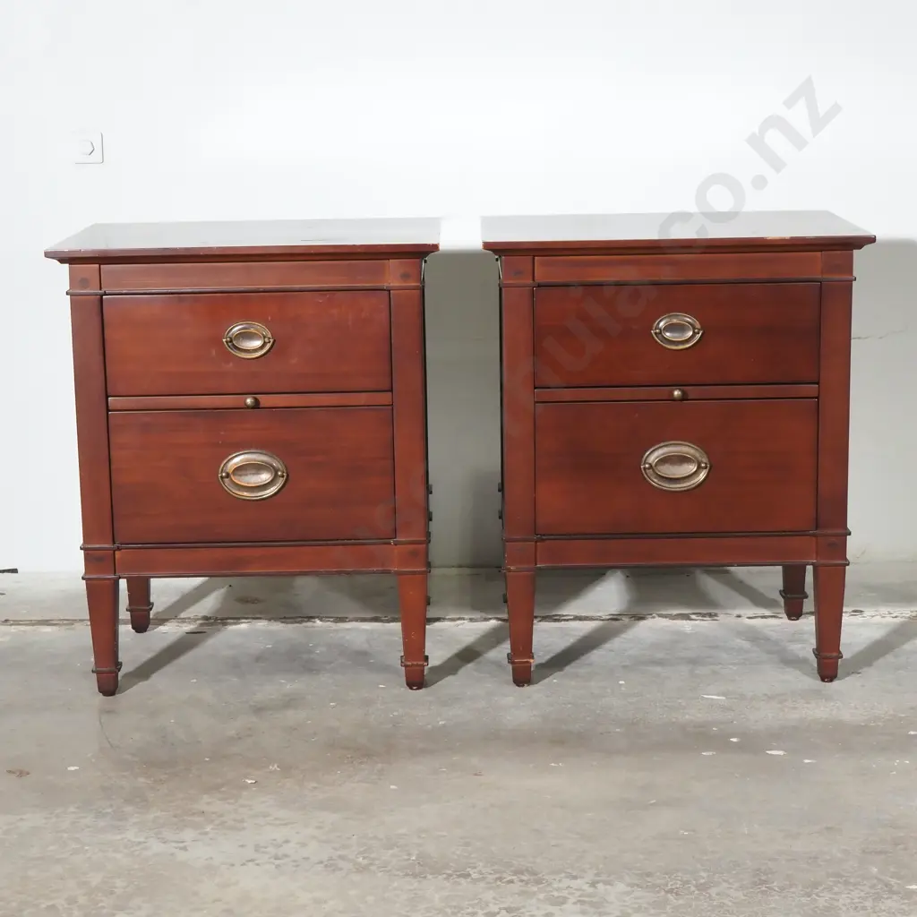 Pair of Rose and Heather Two Drawer Bedside Tables w Square Tapering Legs & Oval Brass Handles Image 1++