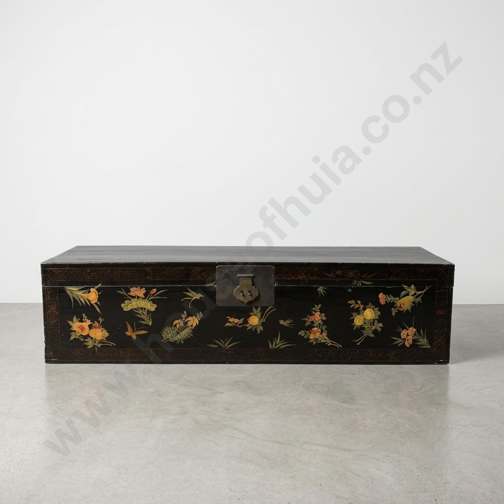 Chinese Black Lacquered Chest Featuring Traditional Painted Floral Motifs & Brass Handware Image 1++