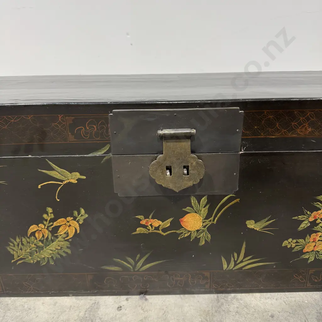 Chinese Black Lacquered Chest Featuring Traditional Painted Floral Motifs & Brass Handware Image 1++