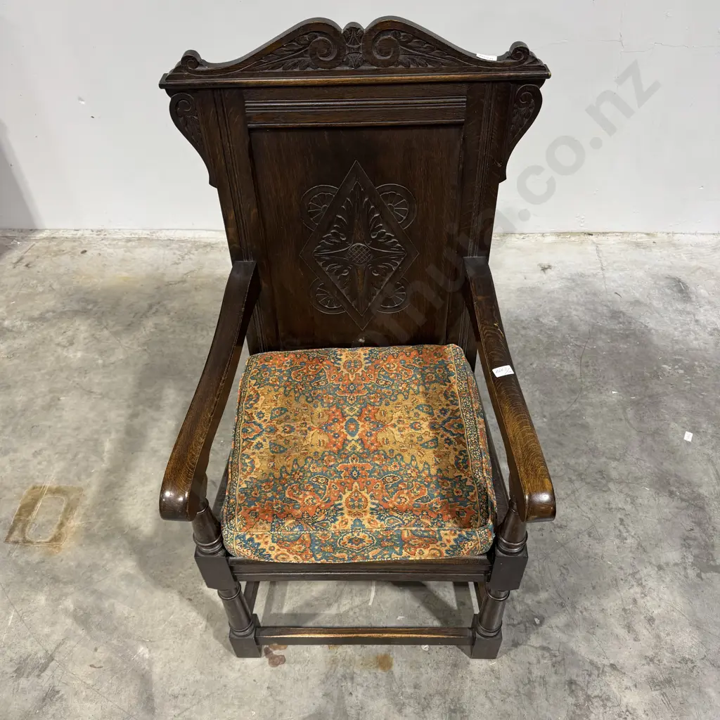 Jacobean Style English Oak Wainscot Armchair w a Carved Diamond Shaped Back Panel & a Scroll Crested Top Rail w Cushions Image 1++
