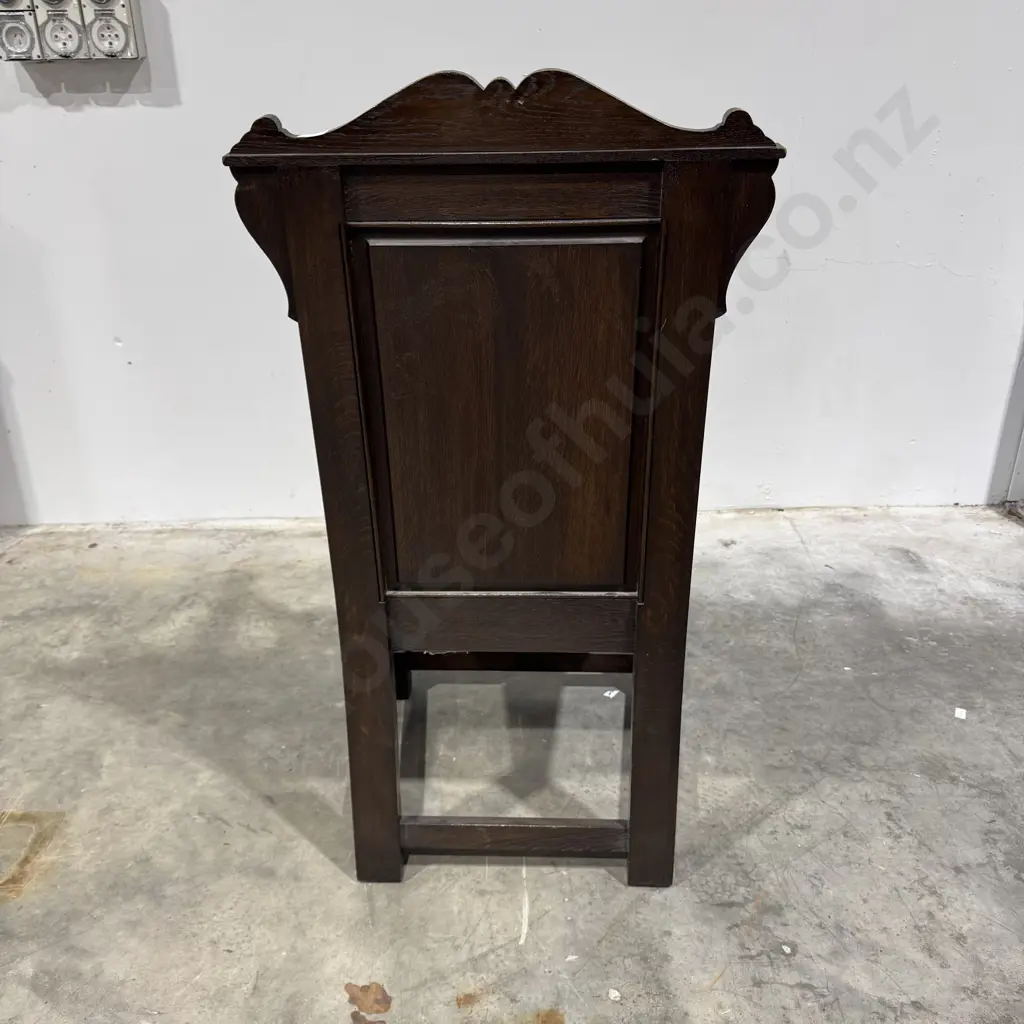 Jacobean Style English Oak Wainscot Armchair w a Carved Diamond Shaped Back Panel & a Scroll Crested Top Rail w Cushions Image 1++