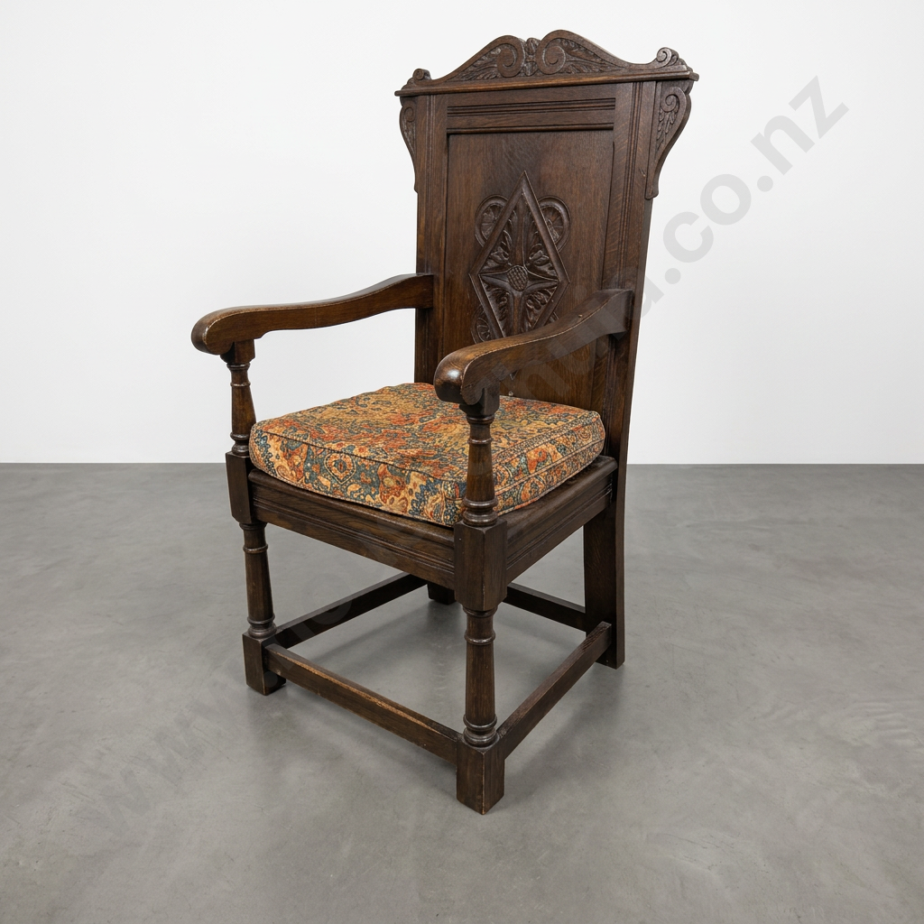 Jacobean Style English Oak Wainscot Armchair w a Carved Diamond Shaped Back Panel & a Scroll Crested Top Rail w Cushions Image 1++