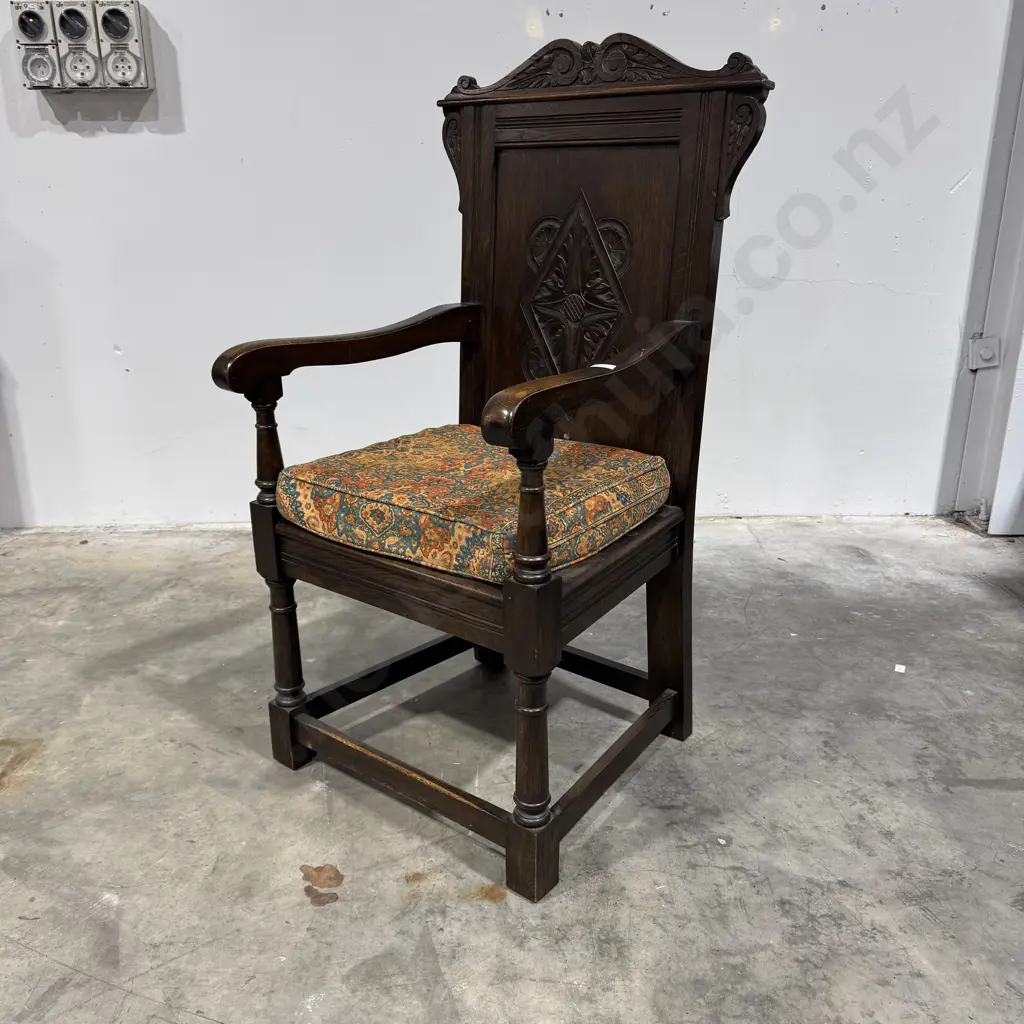 Jacobean Style English Oak Wainscot Armchair w a Carved Diamond Shaped Back Panel & a Scroll Crested Top Rail w Cushions Image 1++