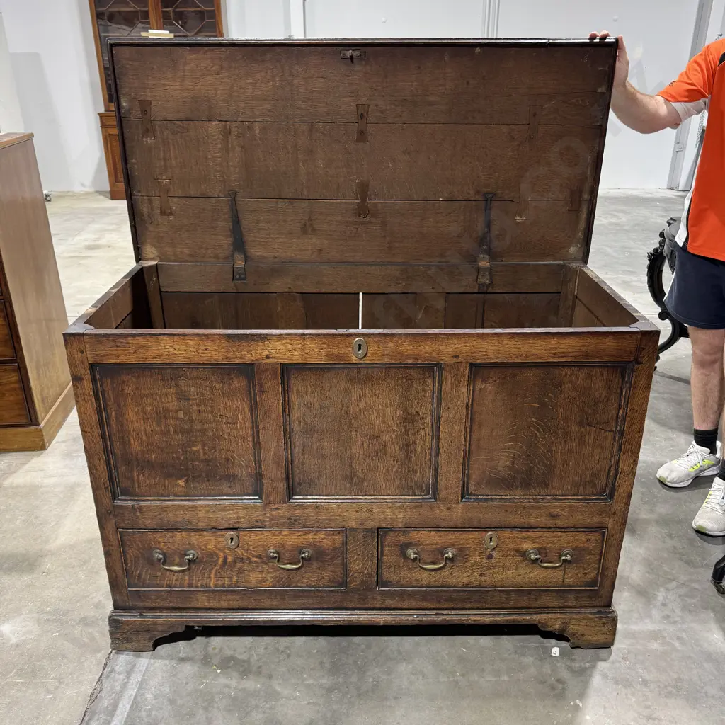 Quality Antique English Oak Panelled Mule Chest w Iron Strap Hinged Lift Up Lid & Two Drawers Below Image 1++