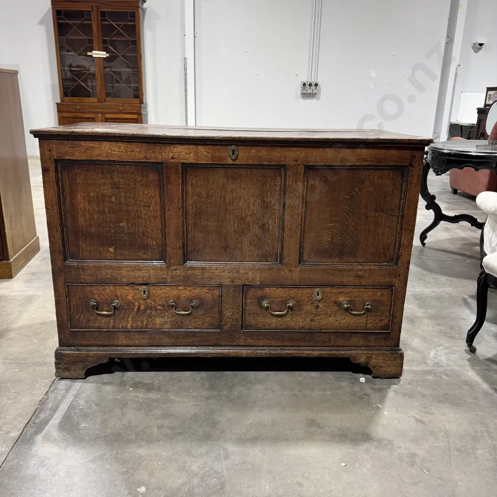 Quality Antique English Oak Panelled Mule Chest w Iron Strap Hinged Lift Up Lid & Two Drawers Below Image 1++