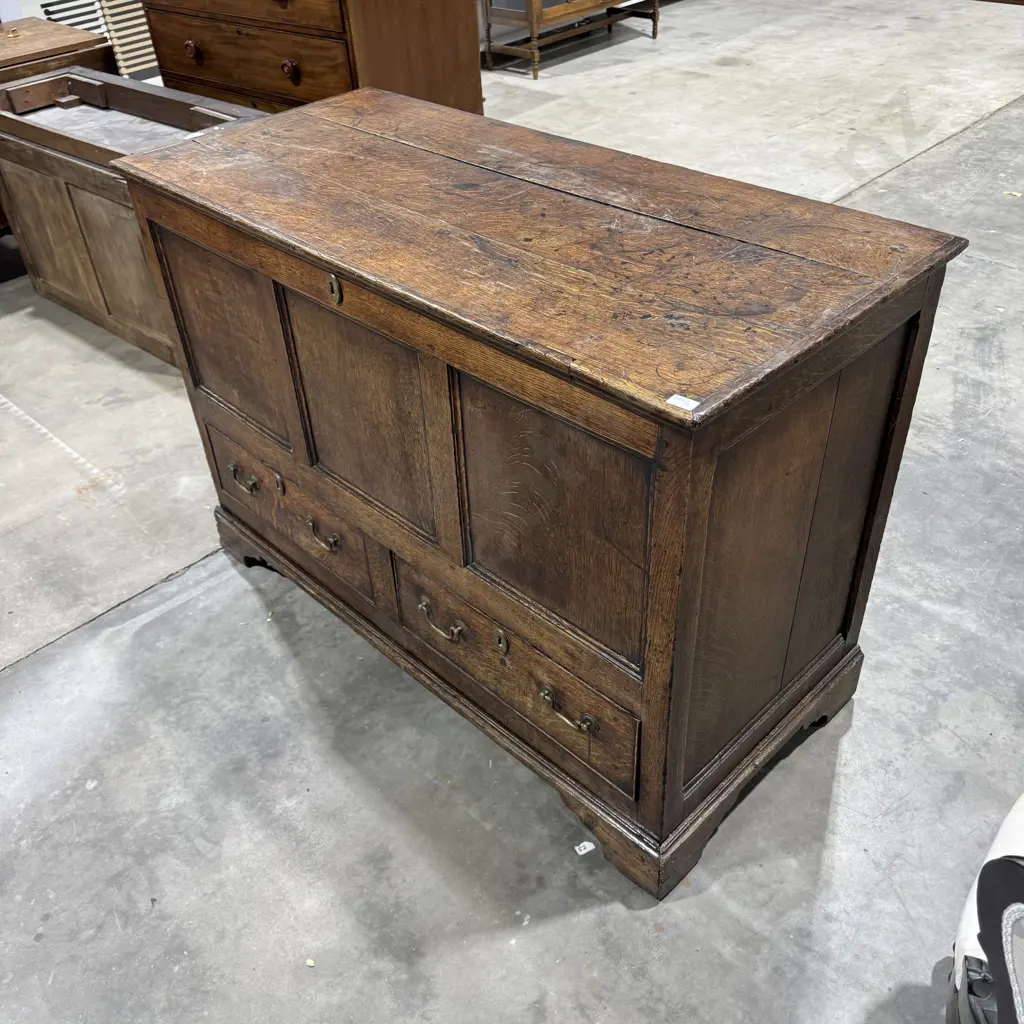 Quality Antique English Oak Panelled Mule Chest w Iron Strap Hinged Lift Up Lid & Two Drawers Below Image 1++