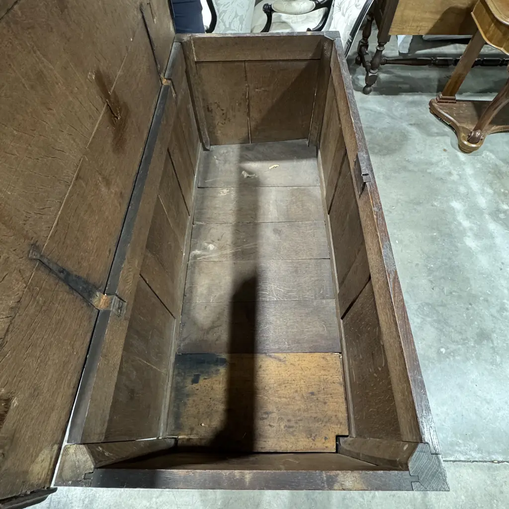 Quality Antique English Oak Panelled Mule Chest w Iron Strap Hinged Lift Up Lid & Two Drawers Below Image 1++