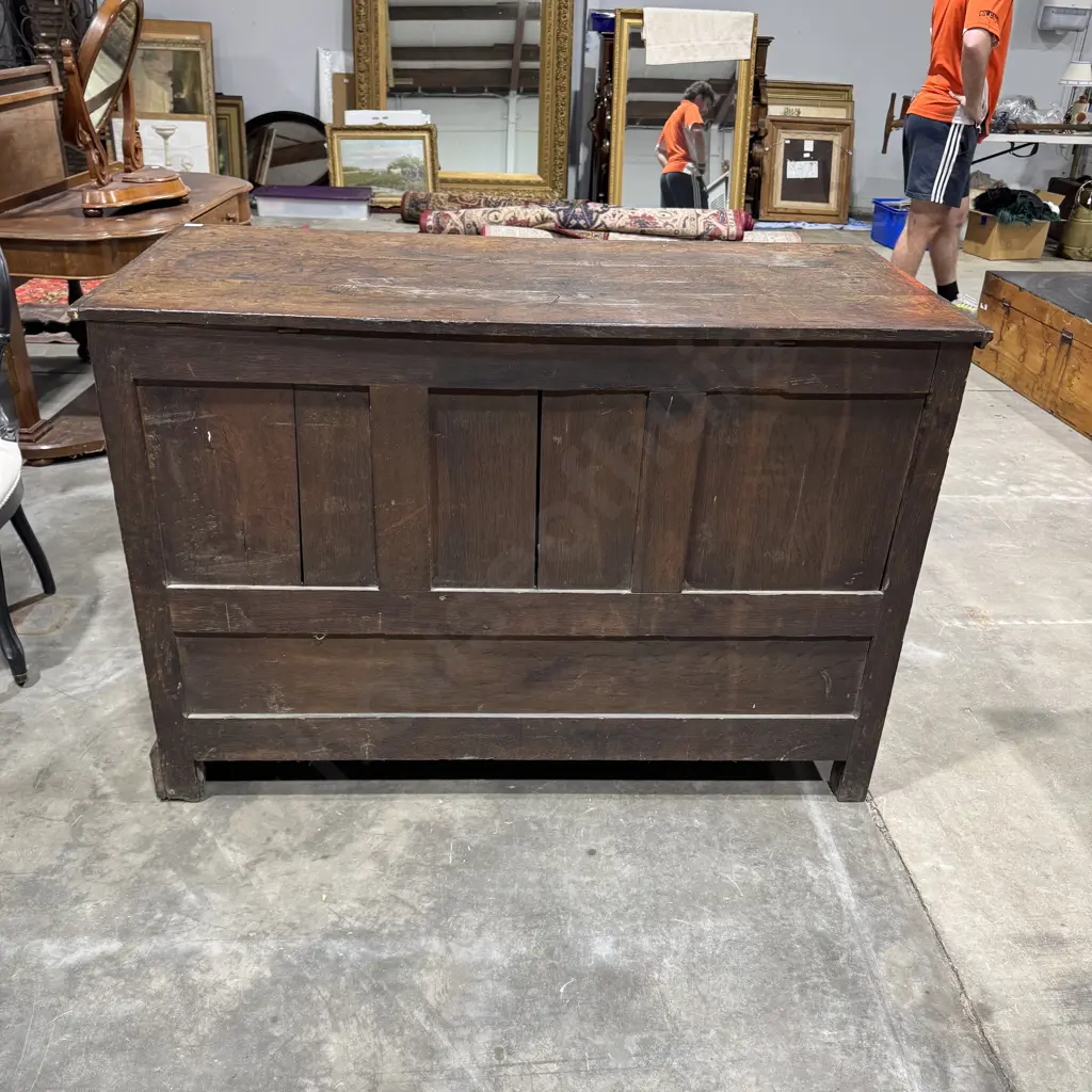 Quality Antique English Oak Panelled Mule Chest w Iron Strap Hinged Lift Up Lid & Two Drawers Below Image 1++