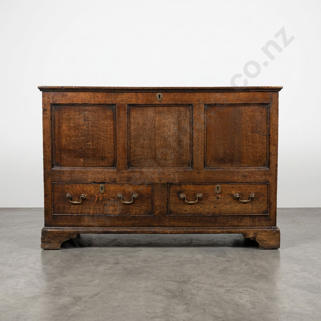 Quality Antique English Oak Panelled Mule Chest w Iron Strap Hinged Lift Up Lid & Two Drawers Below Image 1++