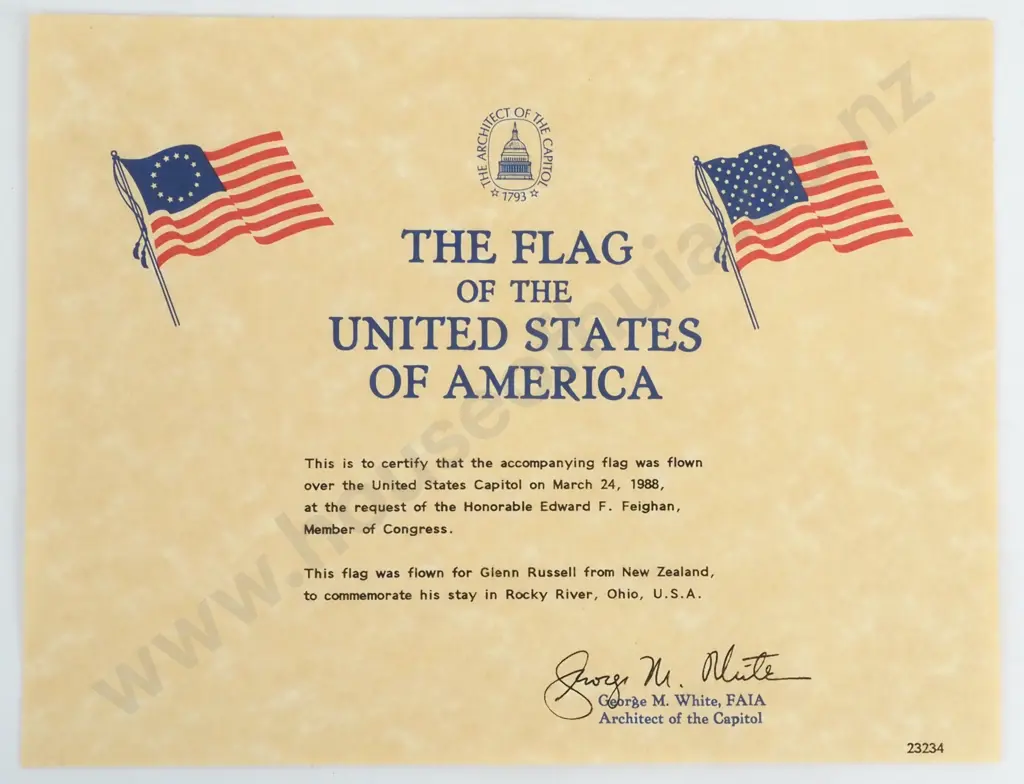 American Flag Flown Over U.S. Capitol at the Request of Edward Feighan for Glenn Russell, NZ w Accompanying Certificate Image 1++