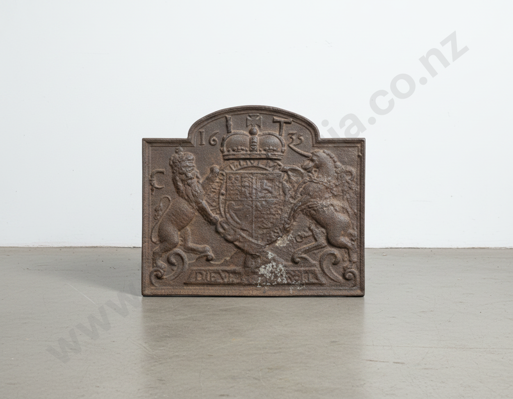 Heavy Cast Iron Fireback Featuring the Royal Coat of Arms & the Initials CR for King Charles, Dated 1633 Image 1++