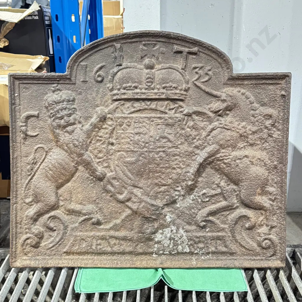 Heavy Cast Iron Fireback Featuring the Royal Coat of Arms & the Initials CR for King Charles, Dated 1633 Image 1++
