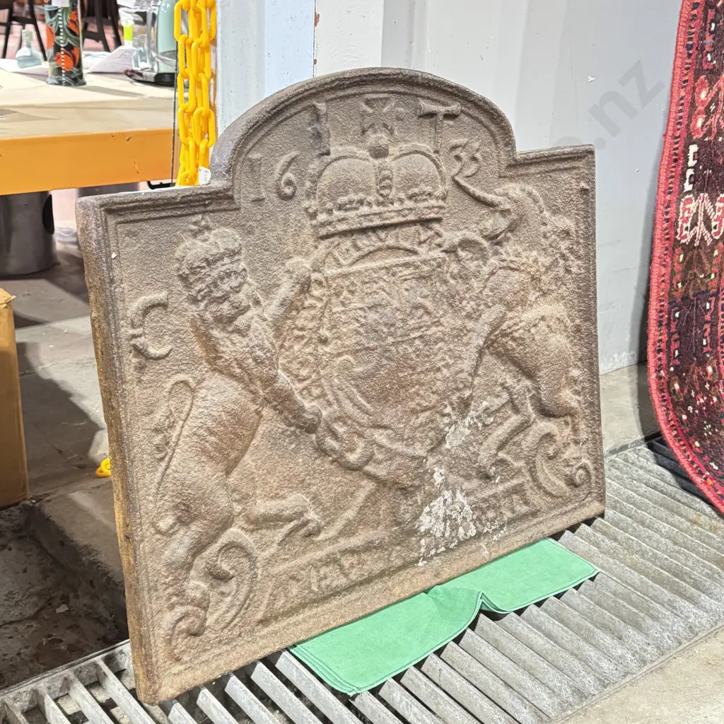 Heavy Cast Iron Fireback Featuring the Royal Coat of Arms & the Initials CR for King Charles, Dated 1633 Image 1++