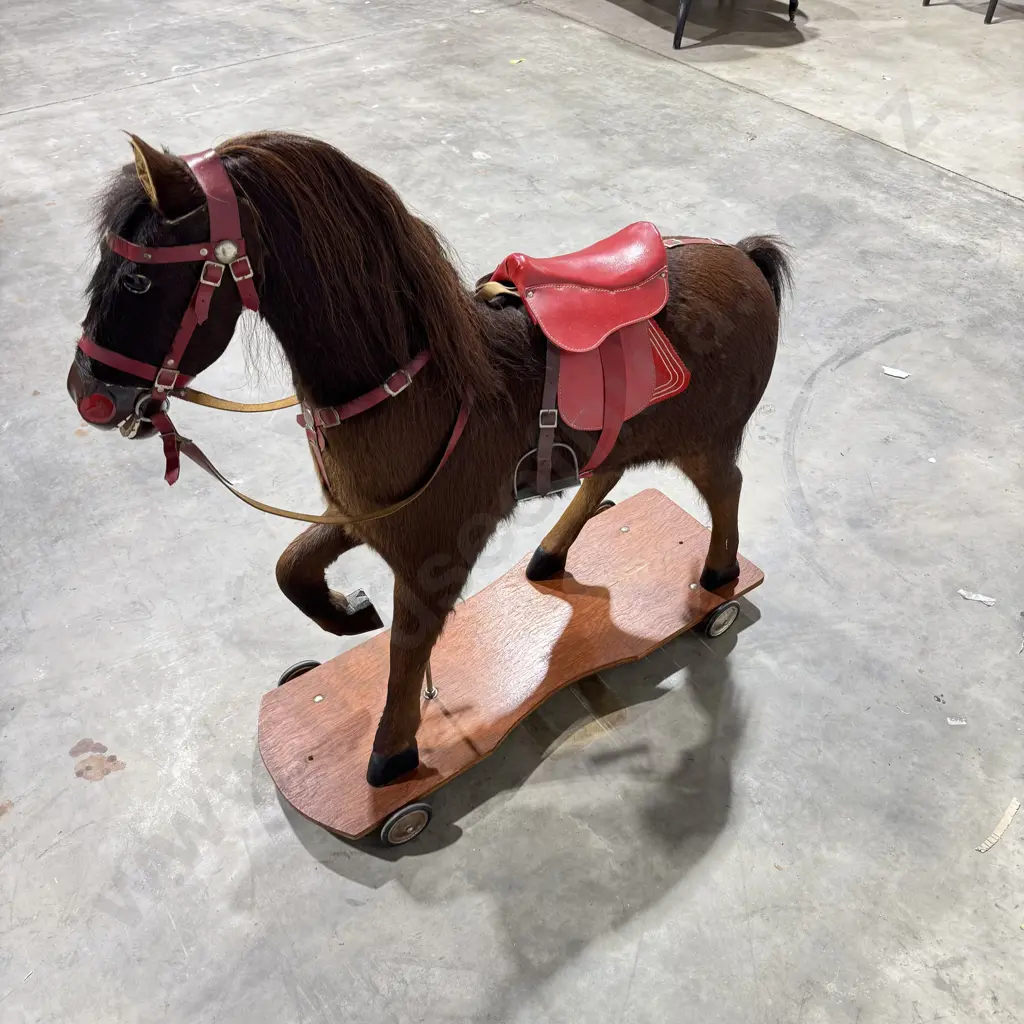 Vintage Nicholas Klein Handcrafted Hide Rocking Horse w Horse Hair Mane & Tail w Both a Stand on Wheels & Rocker Image 1++