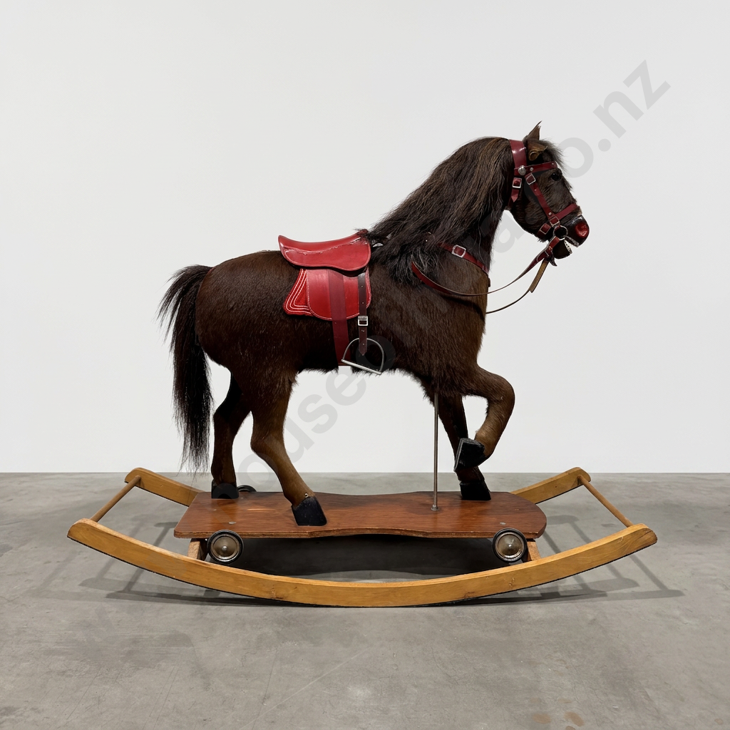 Vintage Nicholas Klein Handcrafted Hide Rocking Horse w Horse Hair Mane & Tail w Both a Stand on Wheels & Rocker Image 1++